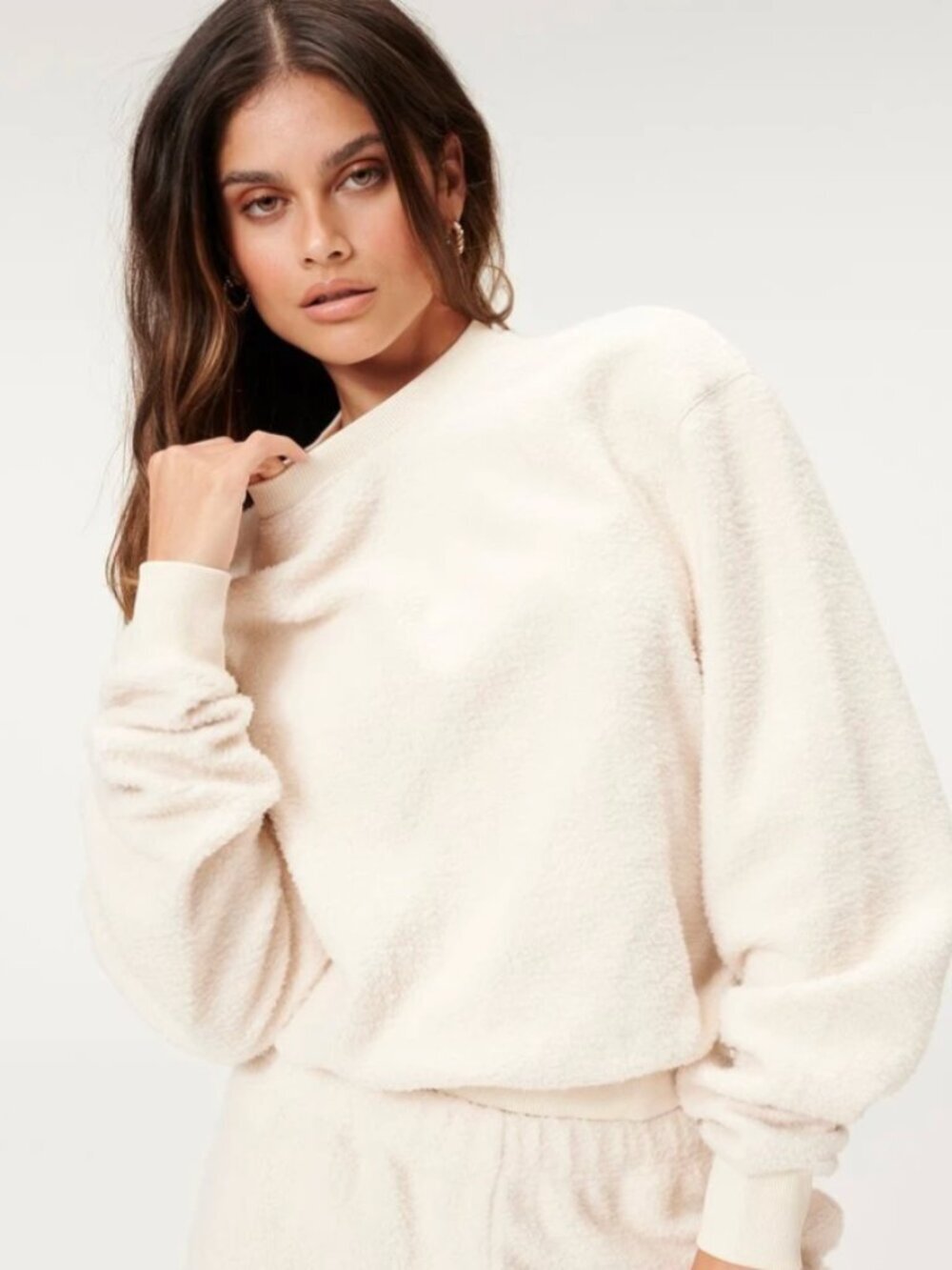 Good American Sherpa Fleece Boyfriend Crewneck Sweatshirt Size 3/L Bone Beige